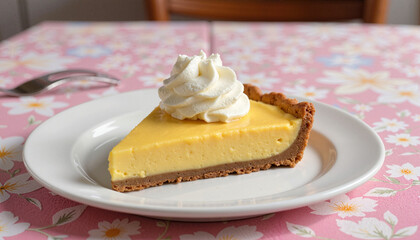 Slice of lemon pie with whipped cream on a floral tablecloth.