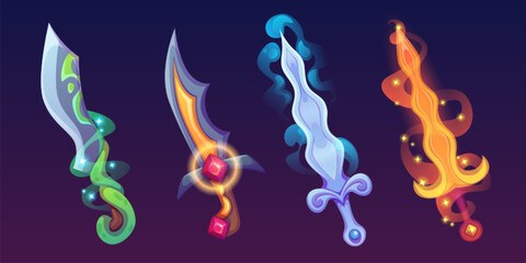 Magic game swords set isolated on background. Vector cartoon illustration of medieval weapons, knight or viking metal daggers decorated with gemstones, ice or fire blade effect, ancient arms props