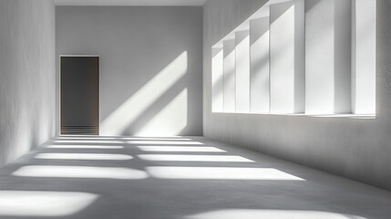 Fototapeta premium Abstract minimal empty gray white 3D room background. Modern studio showcase with copy space, natural window shadows.