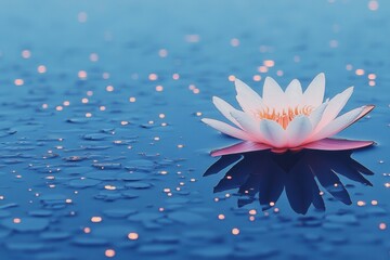 Pink and White Water Lily Floating on Calm Blue Water with Soft Light and Sparkles