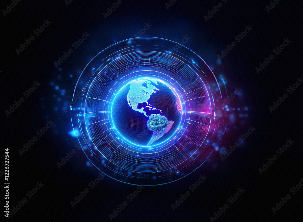 Poster a glowing digital earth encircled by a vibrant, futuristic hud interface, suggesting global connecti