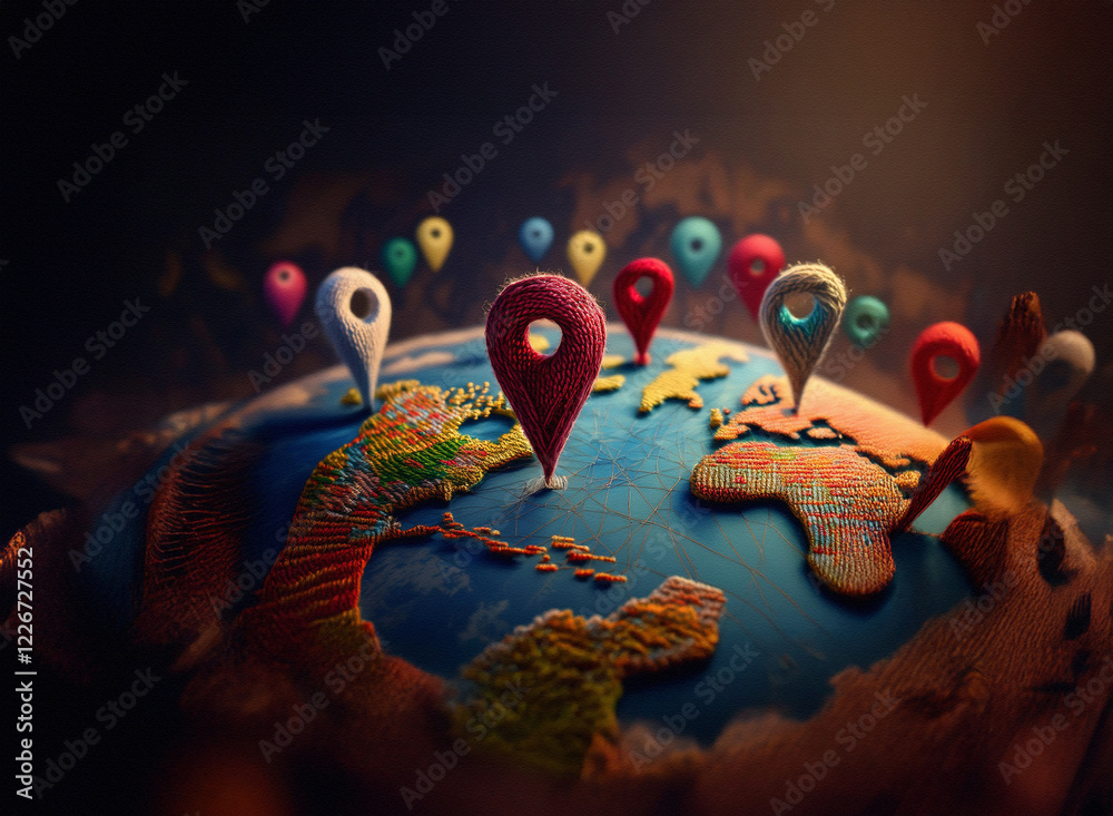 Poster a miniature earth model adorned with colorful location markers, suggesting global connectivity and t