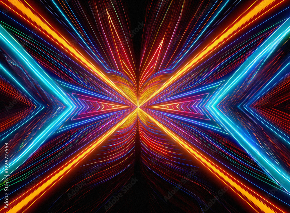 Aufkleber Vibrant neon lines converge and diverge in a symmetrical, abstract pattern, creating an illusion of depth and movement within a dark, infinite space.  The colors are intense and saturated, evoking a s