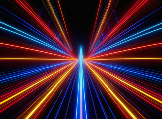 Vibrant, multicolored neon light streaks radiate outwards from a central point, creating a dynamic, symmetrical pattern against a black background.  The effect suggests speed and energy.