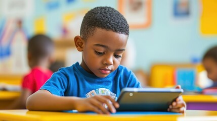 Young Boy Engrossed in Tablet at School