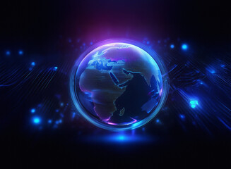 Obraz premium A glowing digital Earth, encircled by vibrant purple and blue energy streams, symbolizes global connectivity and technological advancement. Circuit patterns suggest a digital world.