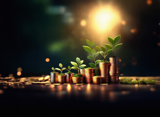 Growing plants sprout from stacks of coins, illuminated by a warm light, symbolizing financial growth and investment success.  The dark background emphasizes the upward trend.