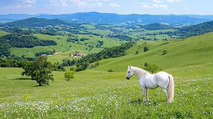 Naklejka premium White horse grazing in a green valley, mountain background, idyllic summer scene, perfect for travel brochures