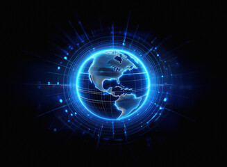 A glowing blue digital globe, encircled by futuristic circuitry, radiates energy against a dark backdrop.  The image evokes themes of global connection and technological advancement.