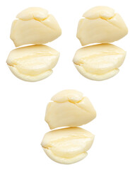 Top view set of peeled pounded garlic cloves in three stack isolated on white background with clipping path