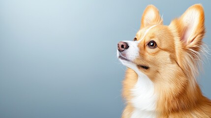 Obraz premium Curious dog looking up, studio shot, grey background, pet portrait, website banner