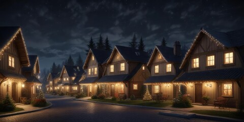 Holiday village at night with blurred houses and twinkling lights, snowy streets, blurred houses