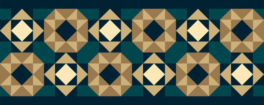 Endless Tapestry of Symmetrical Geometry, abstract geometric seamless vector border pattern, geo quilt layout