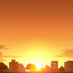 Obraz premium Cityscape sunset view, orange horizon, buildings and trees silhouette. Possible use for wallpaper or background design