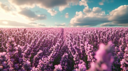Lavender field with sky, clouds and sun at the horizon.