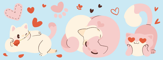Cute cats in love on light blue background. Vector cartoon illustration of kawaii style pets looking with heart eyes, hugging, flirting with flower in mouth, seamless Saint Valentines Day pattern