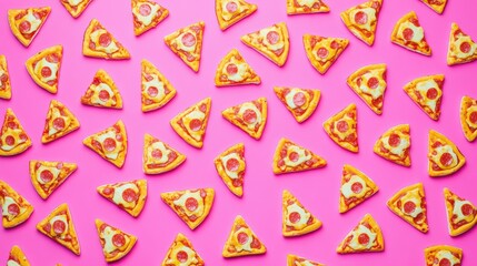 Fun and Playful Cartoon Pizza Slices Scattered on Bright Neon Pink Background