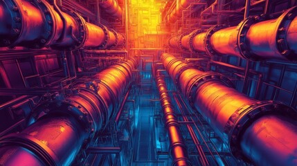 Abstract colorful industrial pipe network design with vibrant geometric patterns