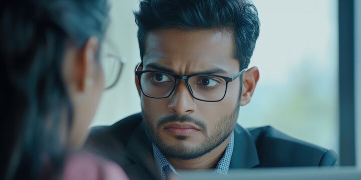 Businessman Looking Intently at Woman's Face - Powered by Adobe