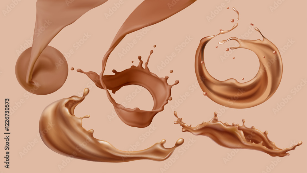 Wall mural chocolate splash collection with various dynamic liquid shapes. milk cocoa swirls, circular splatter