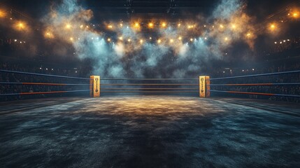 Empty boxing ring, arena, spotlights, smoke, fight (1)