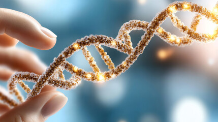 Hand holding glowing DNA strand, symbolizing genetic research and innovation