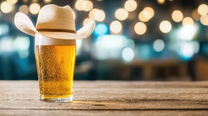 A refreshing pint of beer wears a playful cowboy hat, set against a blurred backdrop of twinkling lights.