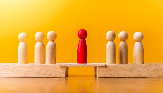 Red leader figure bridging the gap between two groups of wooden figures against a yellow background 