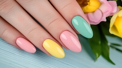 A close-up of a hand showcasing pastel nail polish in pink, yellow, and green shades, accompanied by colorful flowers on a wooden surface.