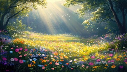 Obraz premium Sunlit Meadow of Vibrant Wildflowers