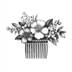 Elegant Floral Hair Comb Design with Detailed Flower and Leaf Illustrations in Black and White Art Style