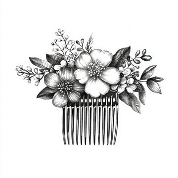 Elegant Floral Hair Comb Design with Detailed Flower and Leaf Illustrations in Black and White Art Style