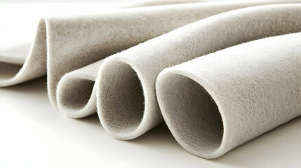 Rolled beige felt fabric samples on white background, showcasing texture and potential uses in craft or design projects