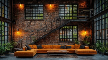 Loft interior with orange sofa and brick wall.