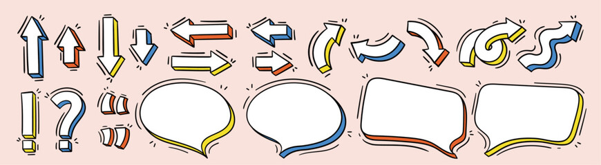 Arrow and speech bubble hand drawn style doodle vector illustration set. Fun sketch style elements for design, infographic, presentation, and creative project.