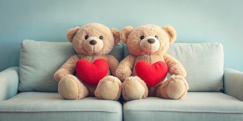 Two cuddly teddy bears sitting next to each other on a soft