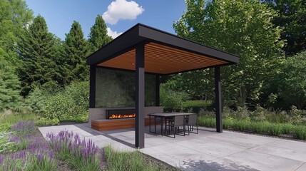 Modern outdoor pavilion with fire feature set in lush greenery on a sunny day