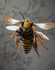 Large Asian hornet with distinctive white and yellow stripes flying through the air, Airborne, Winged Insect, Asian Giant Hornet