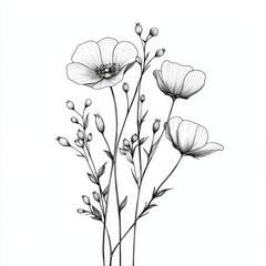Naklejka premium Delicate Floral Line Art with Elegant Blossoms and Curved Stems on a Soft Background