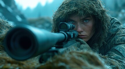 Female sniper aiming rifle, winter forest, camouflage, action scene