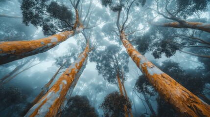 Low angle view of tall trees in foggy forest.