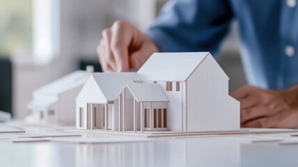 A person is meticulously working on a detailed architectural model of a house, showcasing creativity and precision in design.