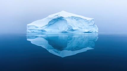 Obraz premium A serene iceberg floats in calm waters, reflecting its majestic form against a backdrop of misty blues, evoking a sense of tranquility and natural beauty.