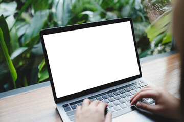 A person typing on a laptop with a blank screen, seated by a window with a lush green garden view,...
