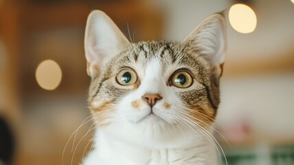 Obraz premium A curious cat gazes intently, showcasing its striking green eyes and playful demeanor in a cozy environment.