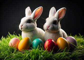 Easter Bunnies Macro Photography - White Rabbits Colored Eggs Dark Background