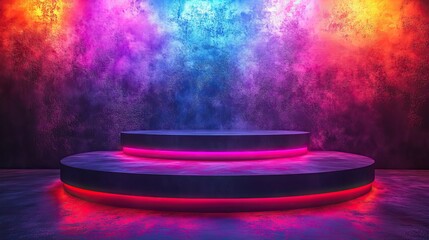 Abstract surreal scene empty stage with a cylinder podium on a holographic neon blue colored background. Pedestal for cosmetic beauty product packaging mockups, display, and presentation.