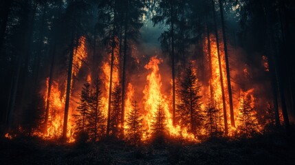Fiery forest fire raging at night, smoke billowing, environmental disaster