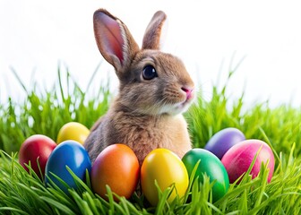 Easter Bunny Macro Grass Eggs White Background AI Photo