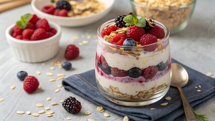 Fresh berry parfait in a glass jar layered with yogurt, granola, and assorted berries on a rustic kitchen table